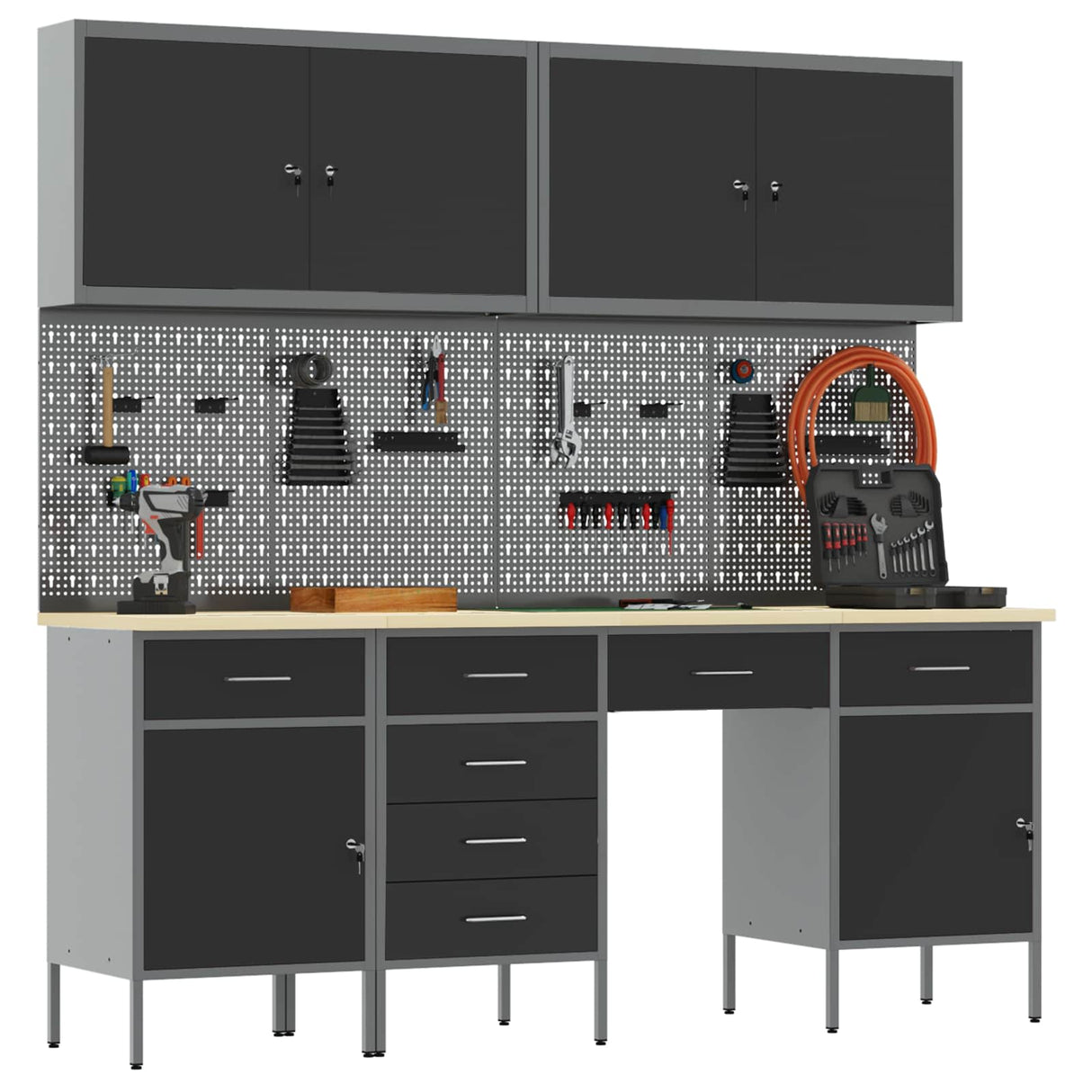 Work Cabinet with Drawer 10 pcs Black Engineered wood and steel