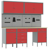 Work Cabinet with Drawer 10 pcs Red Engineered wood and steel
