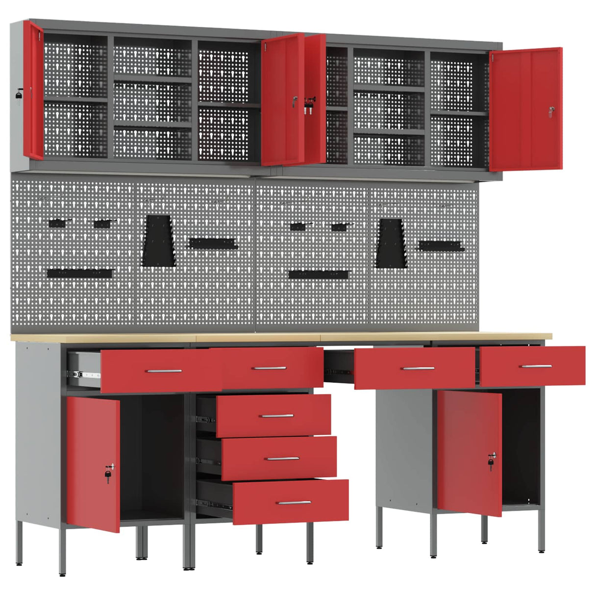 Work Cabinet with Drawer 10 pcs Red Engineered wood and steel