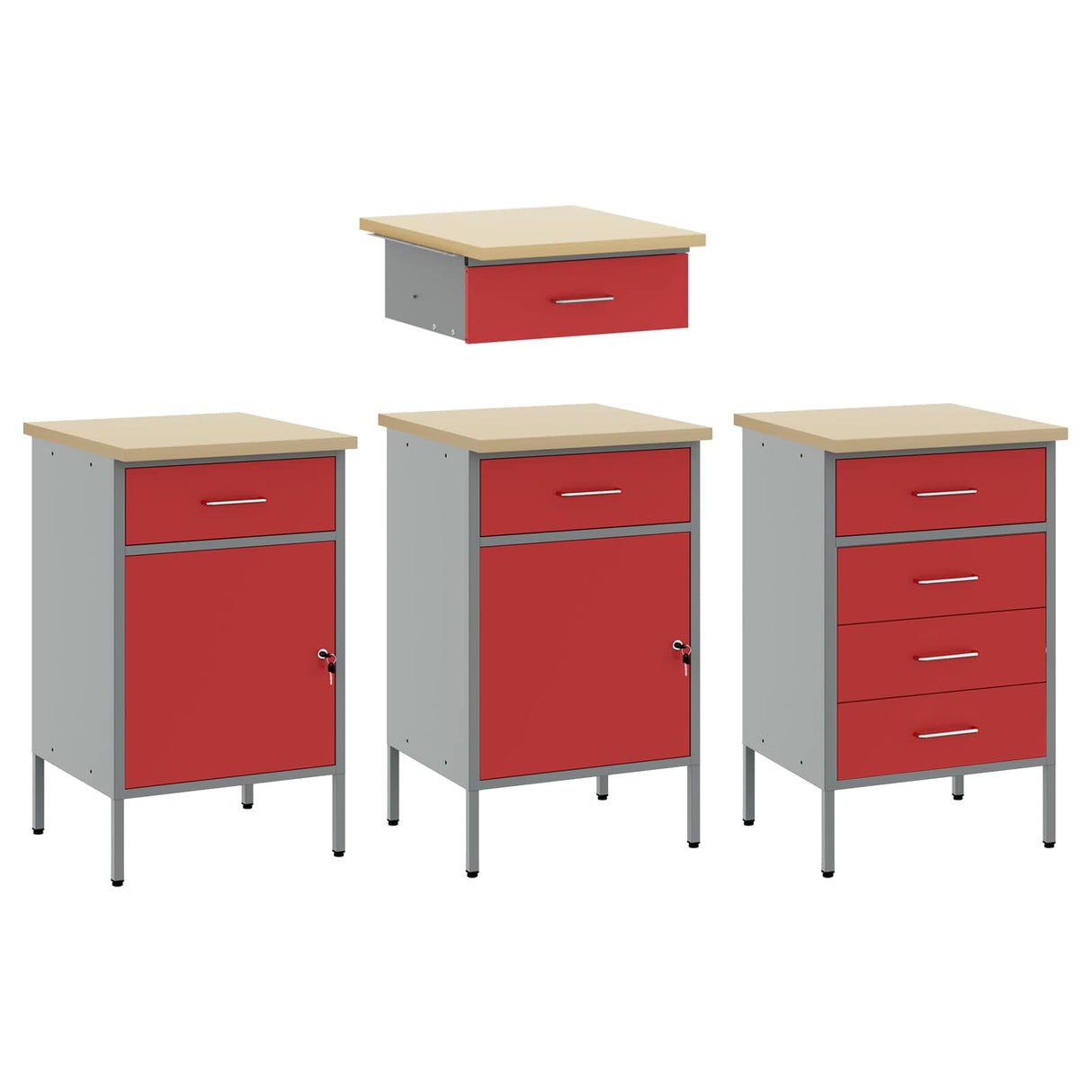 Work Cabinet with Drawer 10 pcs Red Engineered wood and steel