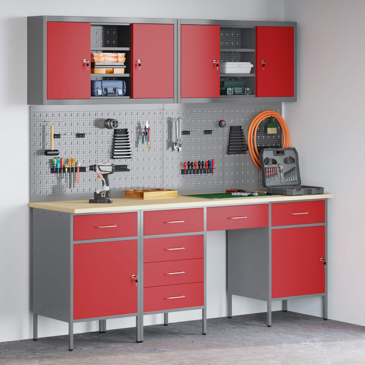 Work Cabinet with Drawer 10 pcs Red Engineered wood and steel