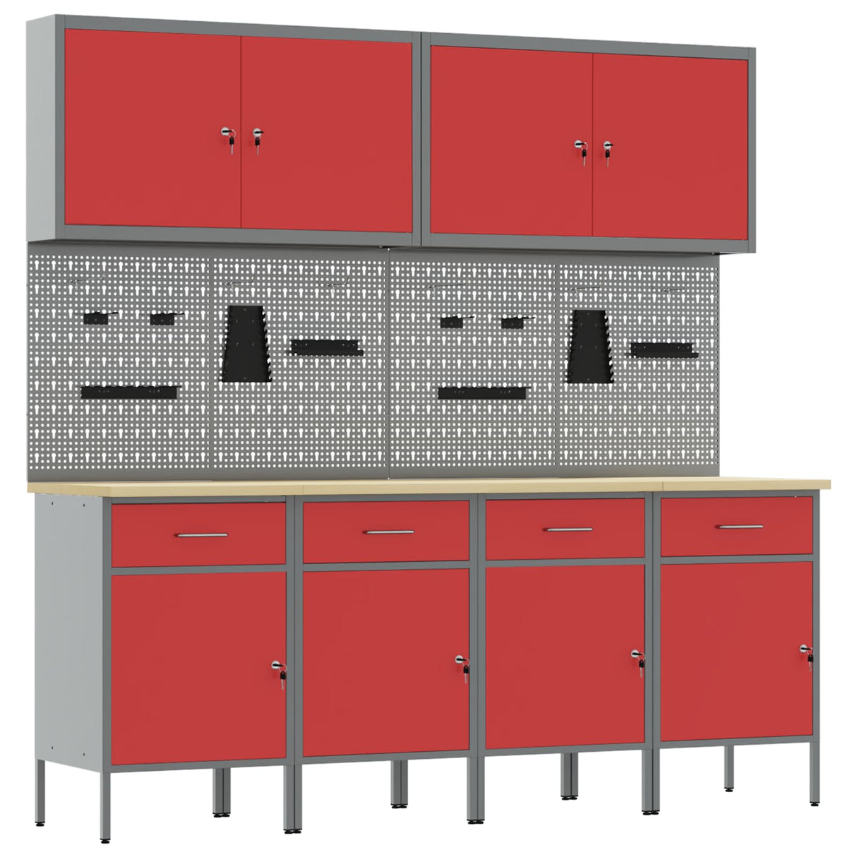 Work Cabinet with Drawer 10 pcs Red Engineered wood and steel
