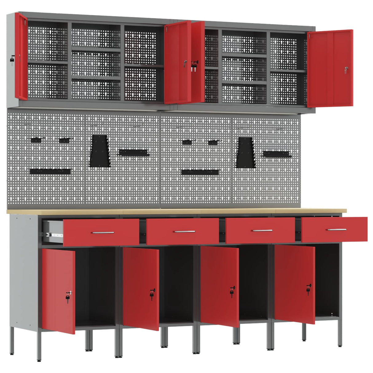 Work Cabinet with Drawer 10 pcs Red Engineered wood and steel