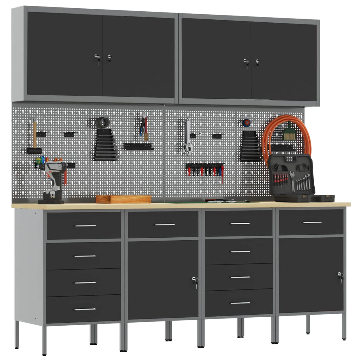 Work Cabinet with Drawer 10 pcs Black Engineered wood and steel