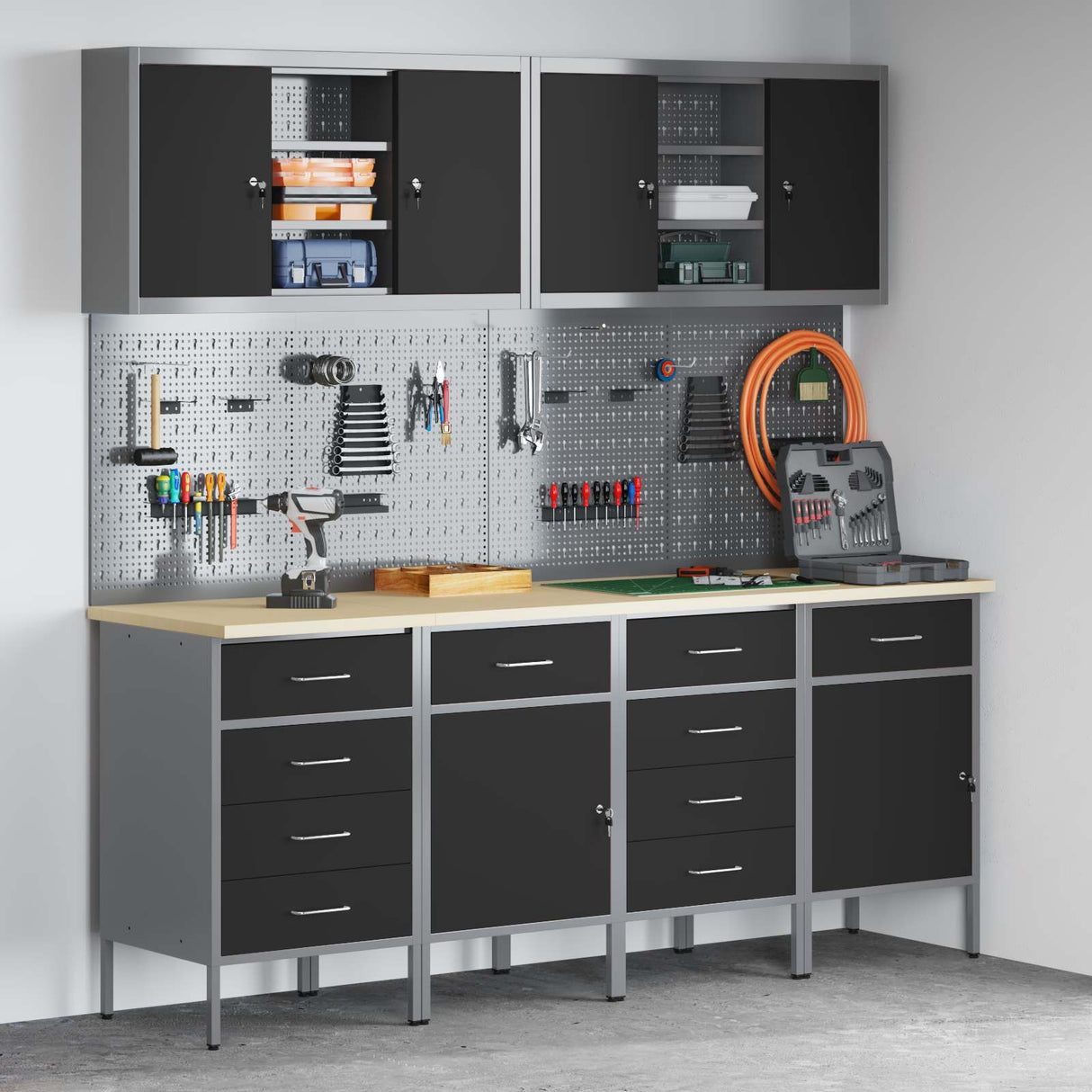 Work Cabinet with Drawer 10 pcs Black Engineered wood and steel