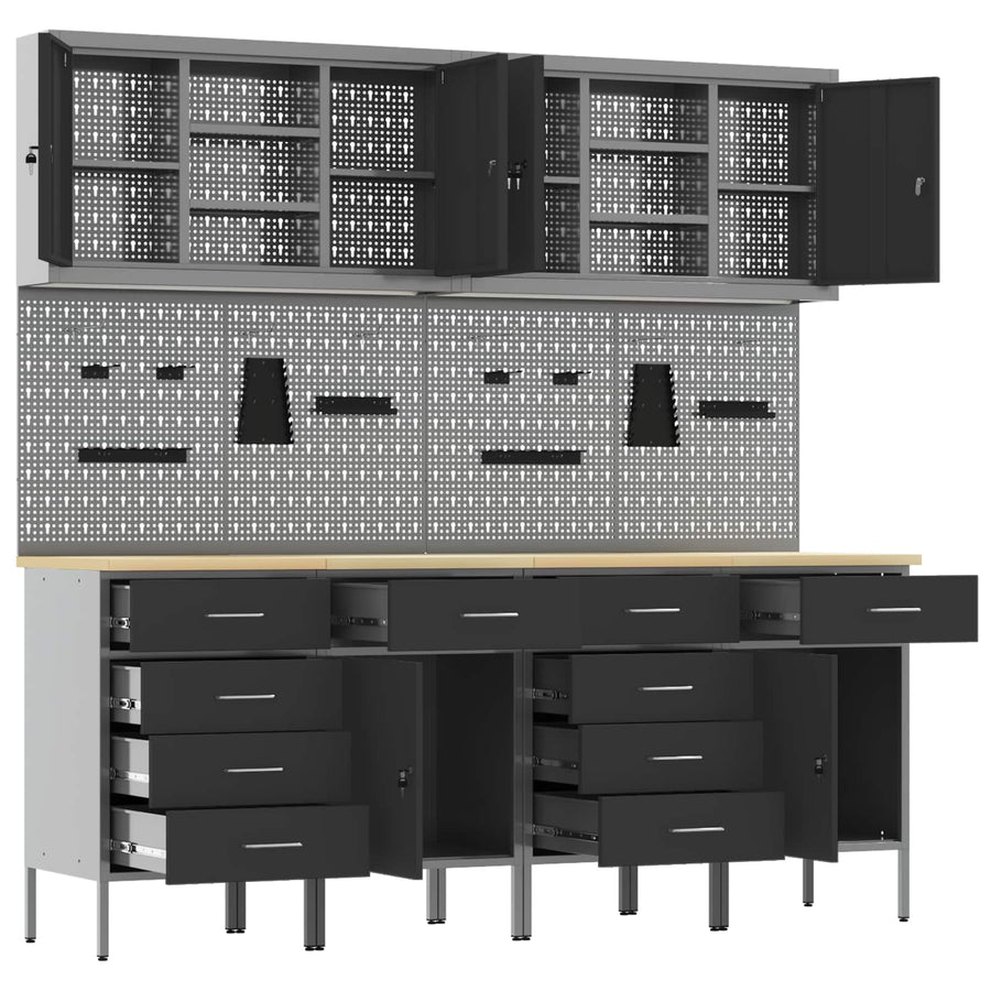 Work Cabinet with Drawer 10 pcs Black Engineered wood and steel