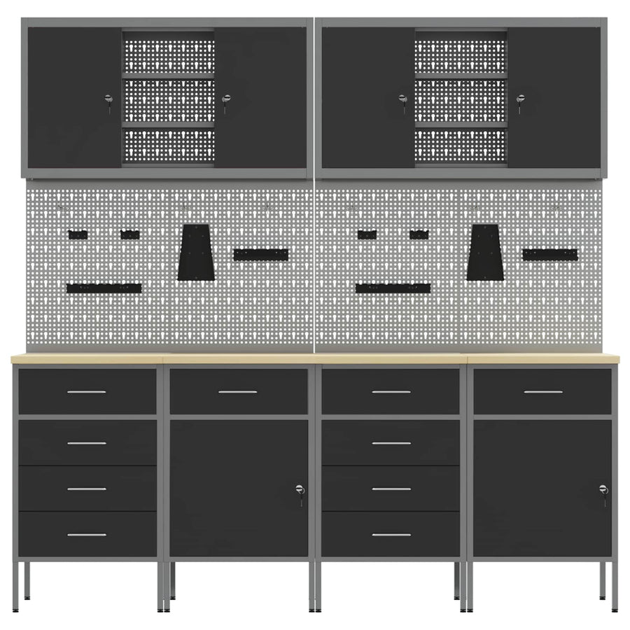 Work Cabinet with Drawer 10 pcs Black Engineered wood and steel