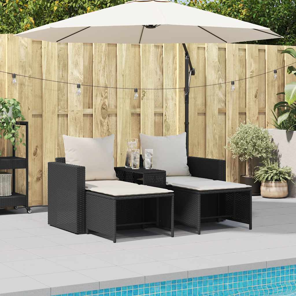 5 Piece Garden Sofa Set with Cushions Stackable Black Poly Rattan