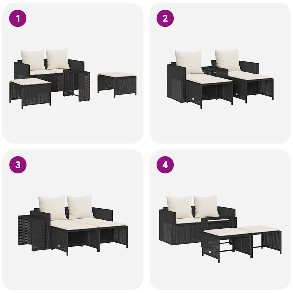 5 Piece Garden Sofa Set with Cushions Stackable Black Poly Rattan