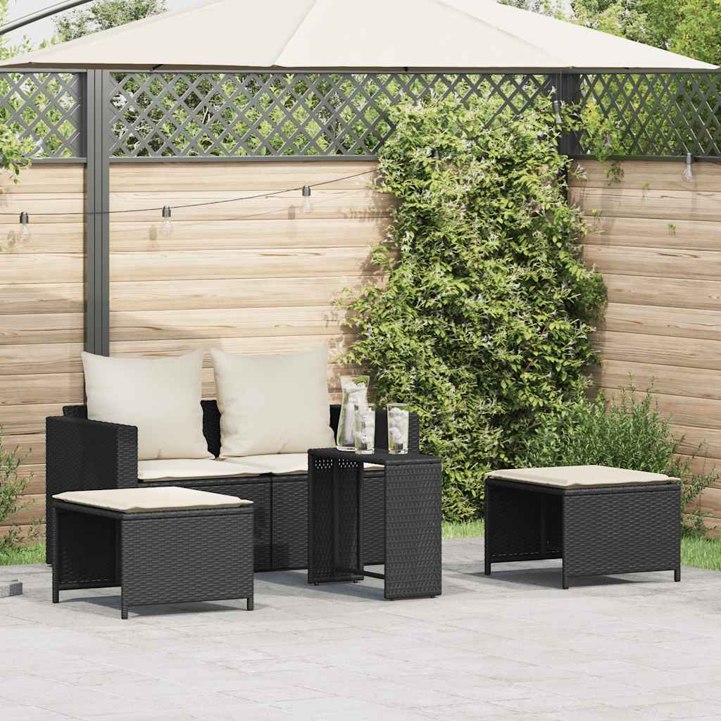 5 Piece Garden Sofa Set with Cushions Stackable Black Poly Rattan
