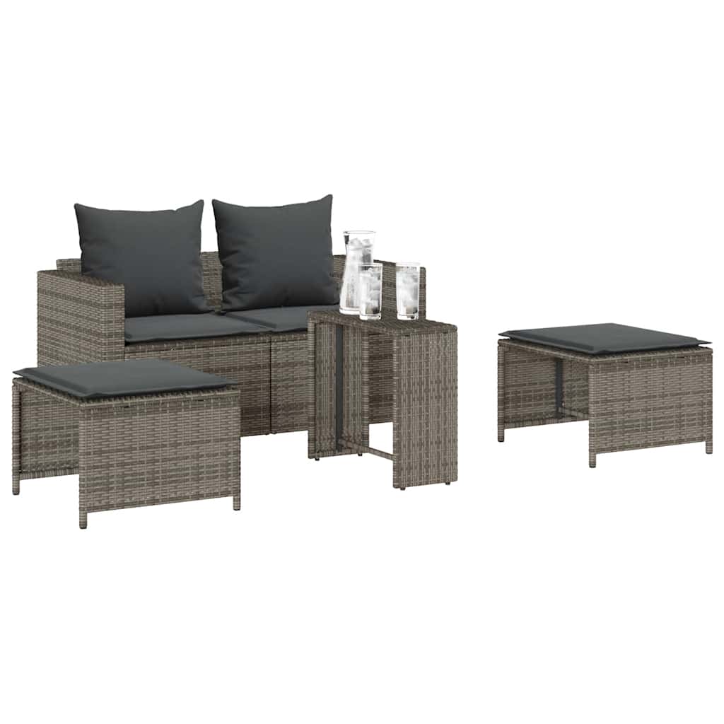 5 Piece Garden Sofa Set with Cushions Stackable Grey Poly Rattan