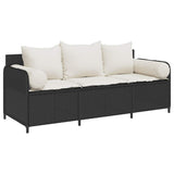Garden Sofa with Cushions 3-Seater Black Poly Rattan - Front View
