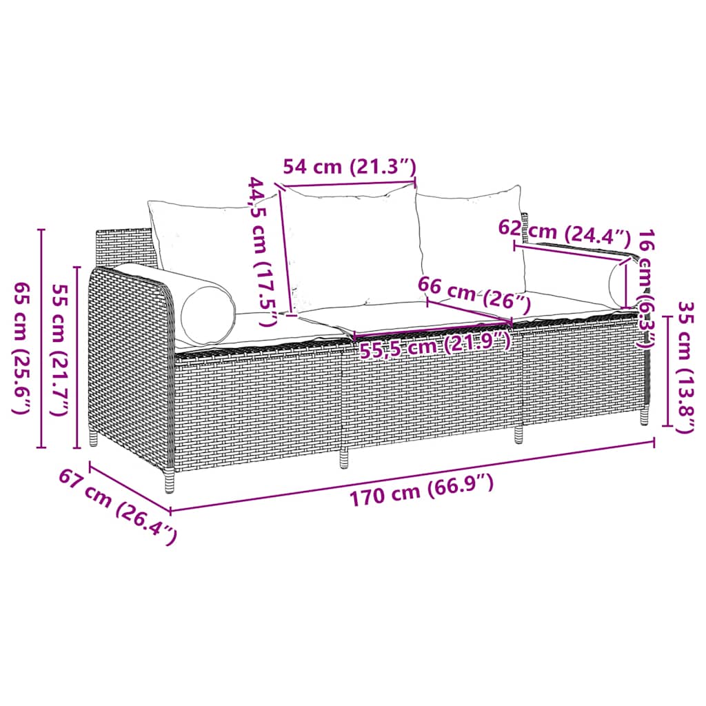 Garden Sofa with Cushions 3-Seater Grey Poly Rattan