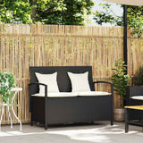 Garden Storage Bench with Cushion Black Poly Rattan - Front View