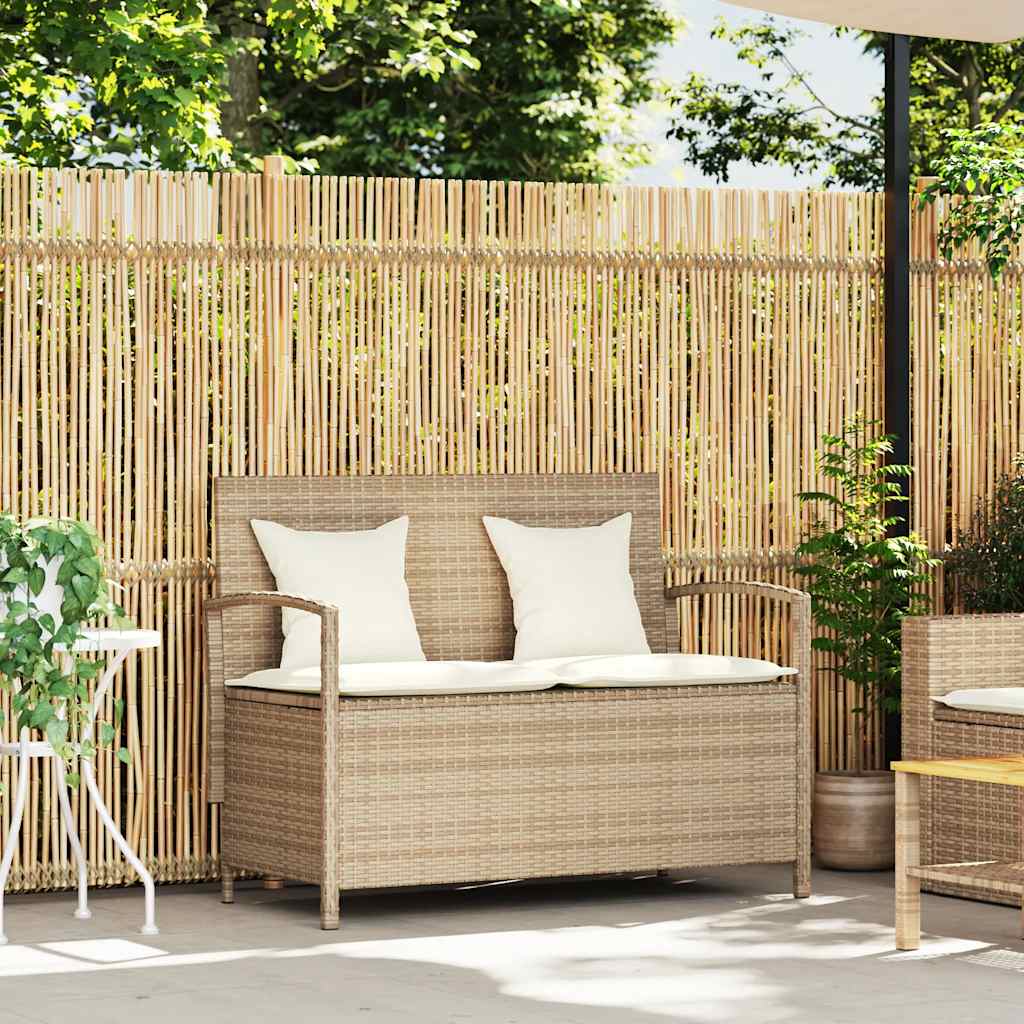 Garden Storage Bench with Cushion Beige Poly Rattan