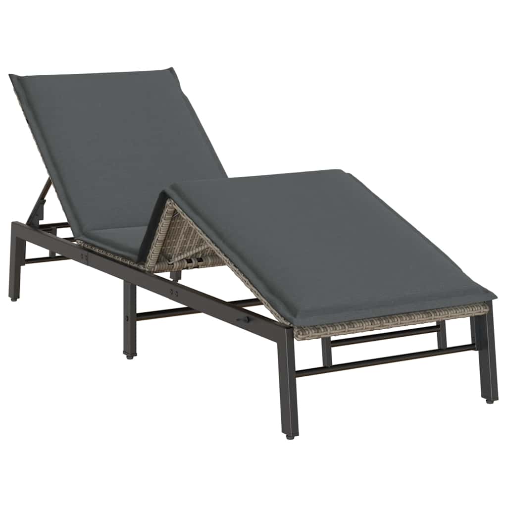 Sun Lounger with Cushion Grey Poly Rattan