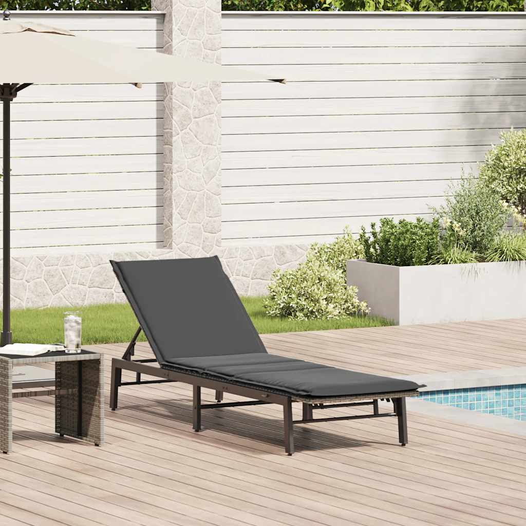 Sun Lounger with Cushion Grey Poly Rattan
