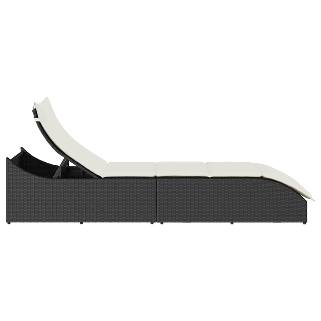 Folding Sun Lounger with Cushion and Storage Black Poly Rattan