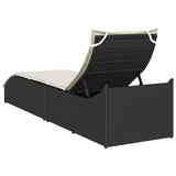 Folding Sun Lounger with Cushion and Storage Black Poly Rattan - Close-Up Angle