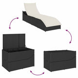 Folding Sun Lounger with Cushion and Storage Black Poly Rattan