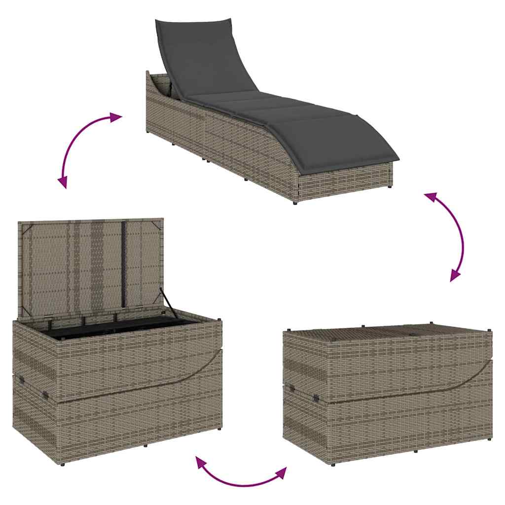 Folding Sun Lounger with Cushion and Storage Grey Poly Rattan
