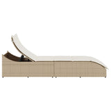 Folding Sun Lounger with Cushion and Storage Beige Poly Rattan - Rear View