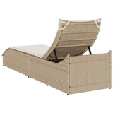 Folding Sun Lounger with Cushion and Storage Beige Poly Rattan - Close-Up Angle