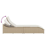Folding Sun Lounger with Cushion and Storage Beige Poly Rattan - Low Angle