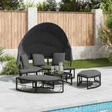 Outdoor Lounge Bed with Canopy and Cushions Black Poly Rattan
