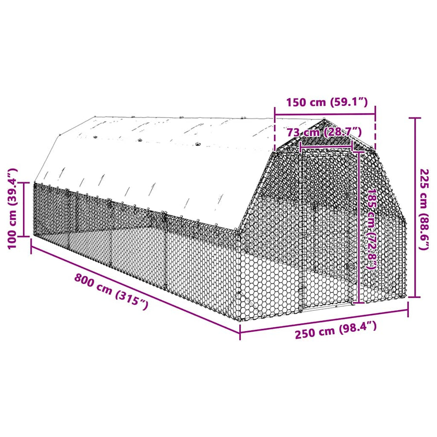 Chicken Run with Roof 2.5x8x2.25 m Galvanised Steel
