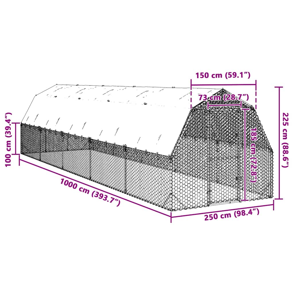 Chicken Run with Roof 2.5x10x2.25 m Galvanised Steel