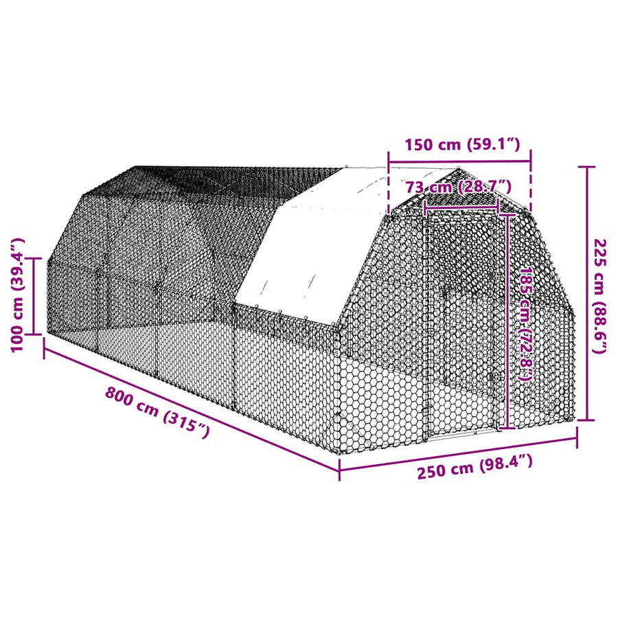 Chicken Run with Roof 2.5x8x2.25 m Galvanised Steel