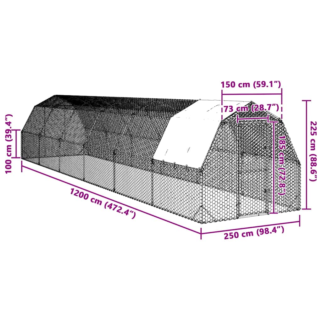 Chicken Run with Roof 2.5x12x2.25 m Galvanised Steel