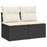 2 Piece Garden Sofa Set with Cushions Black Poly Rattan Acacia - Front View