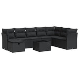 9 Piece Garden Sofa Set with Cushions Black Poly Rattan - Front View
