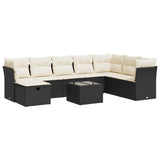 9 Piece Garden Sofa Set with Cushions Black Poly Rattan - Front View