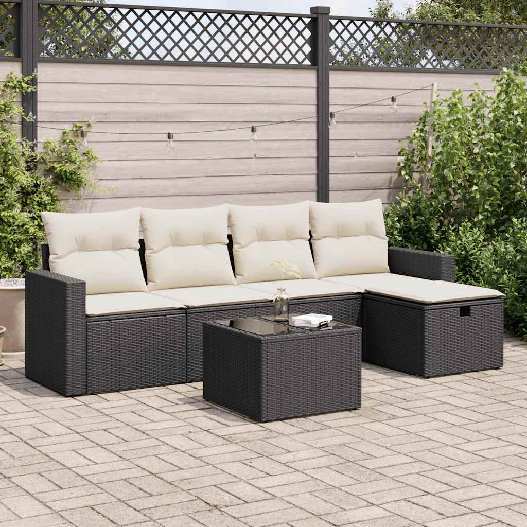 6 Piece Garden Sofa Set with Cushions Black Poly Rattan