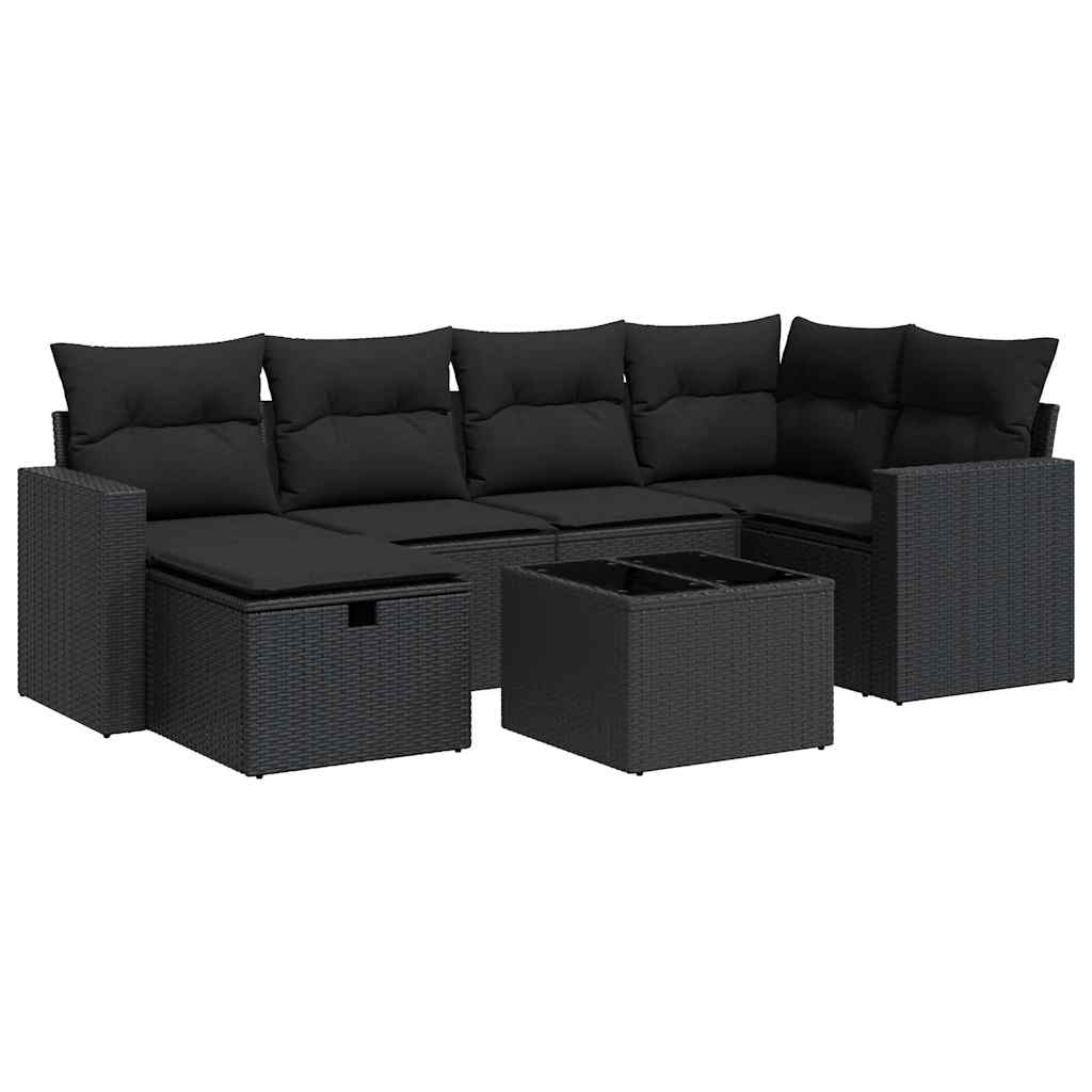 7 Piece Garden Sofa Set with Cushions Black Poly Rattan