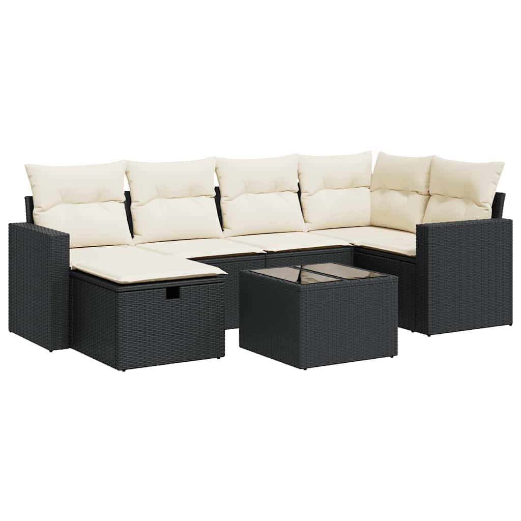 7 Piece Garden Sofa Set with Cushions Black Poly Rattan