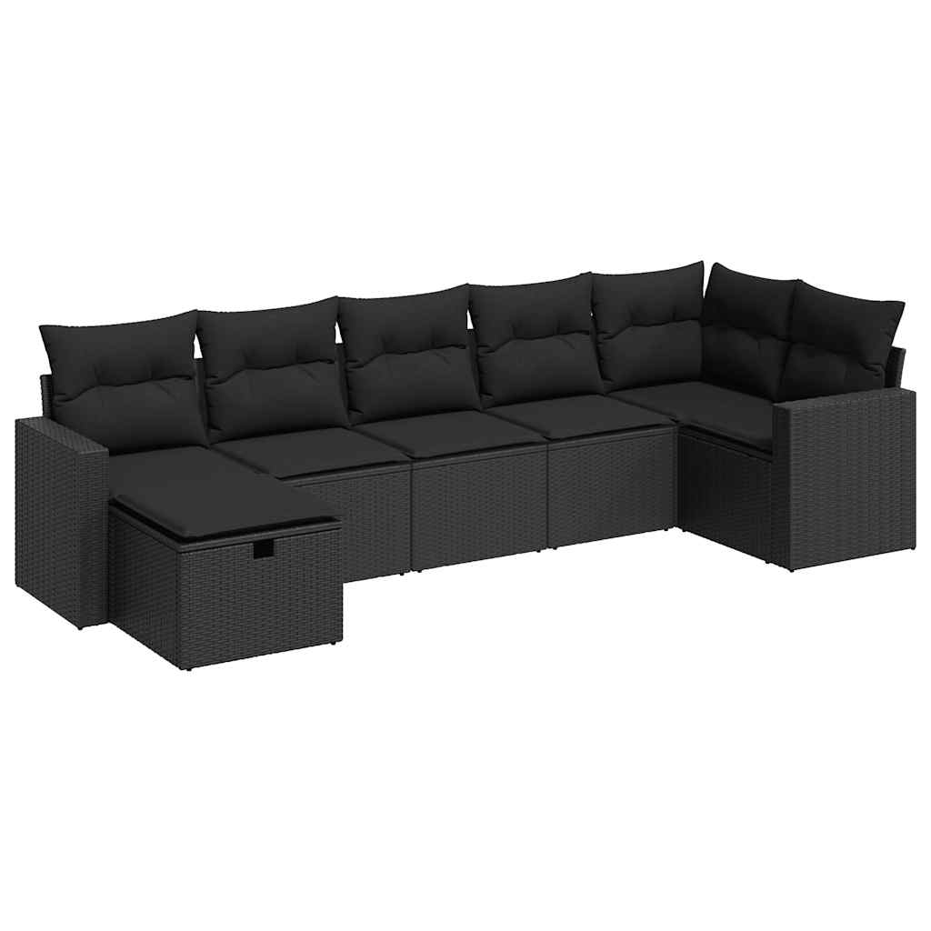 7 Piece Garden Sofa Set with Cushions Black Poly Rattan