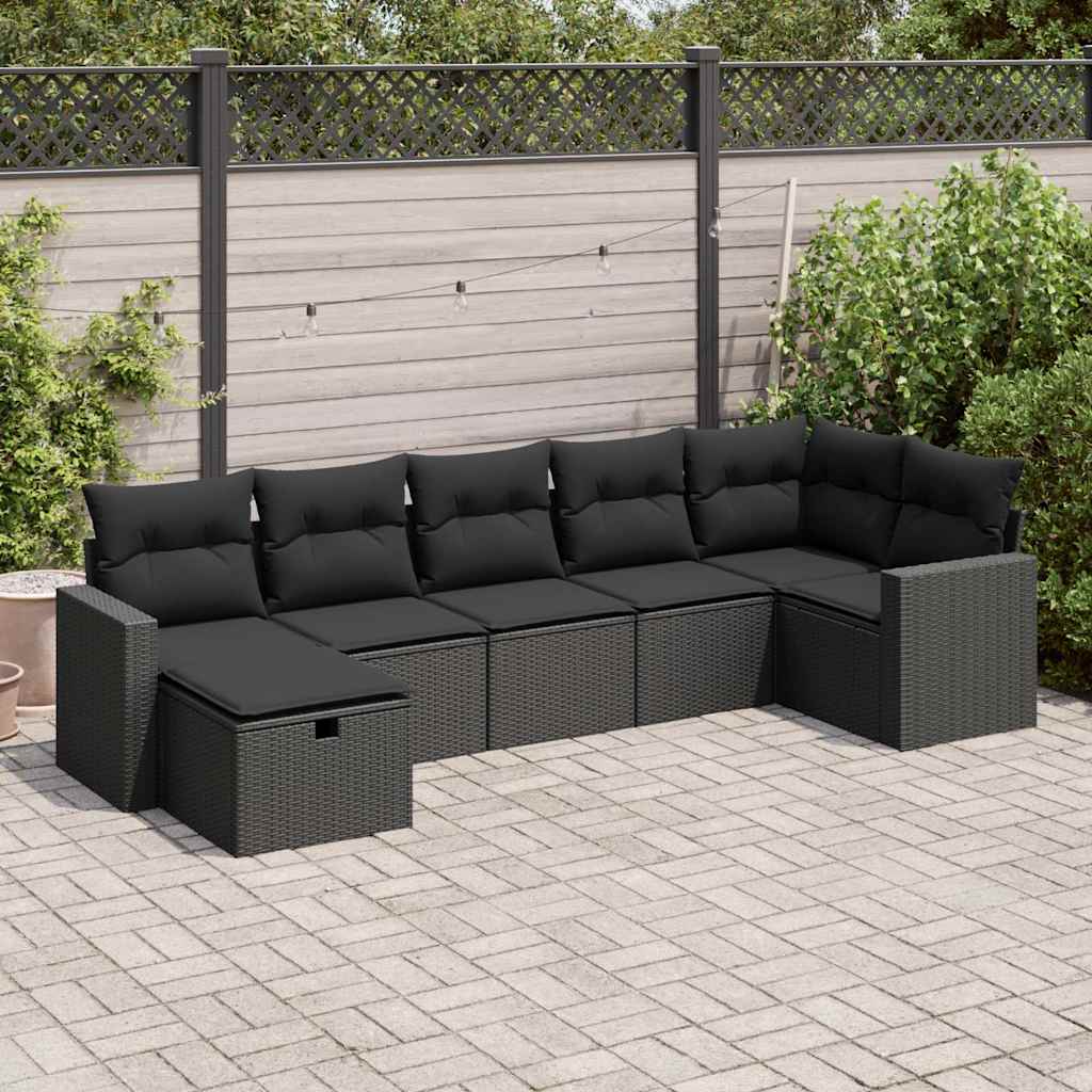 7 Piece Garden Sofa Set with Cushions Black Poly Rattan