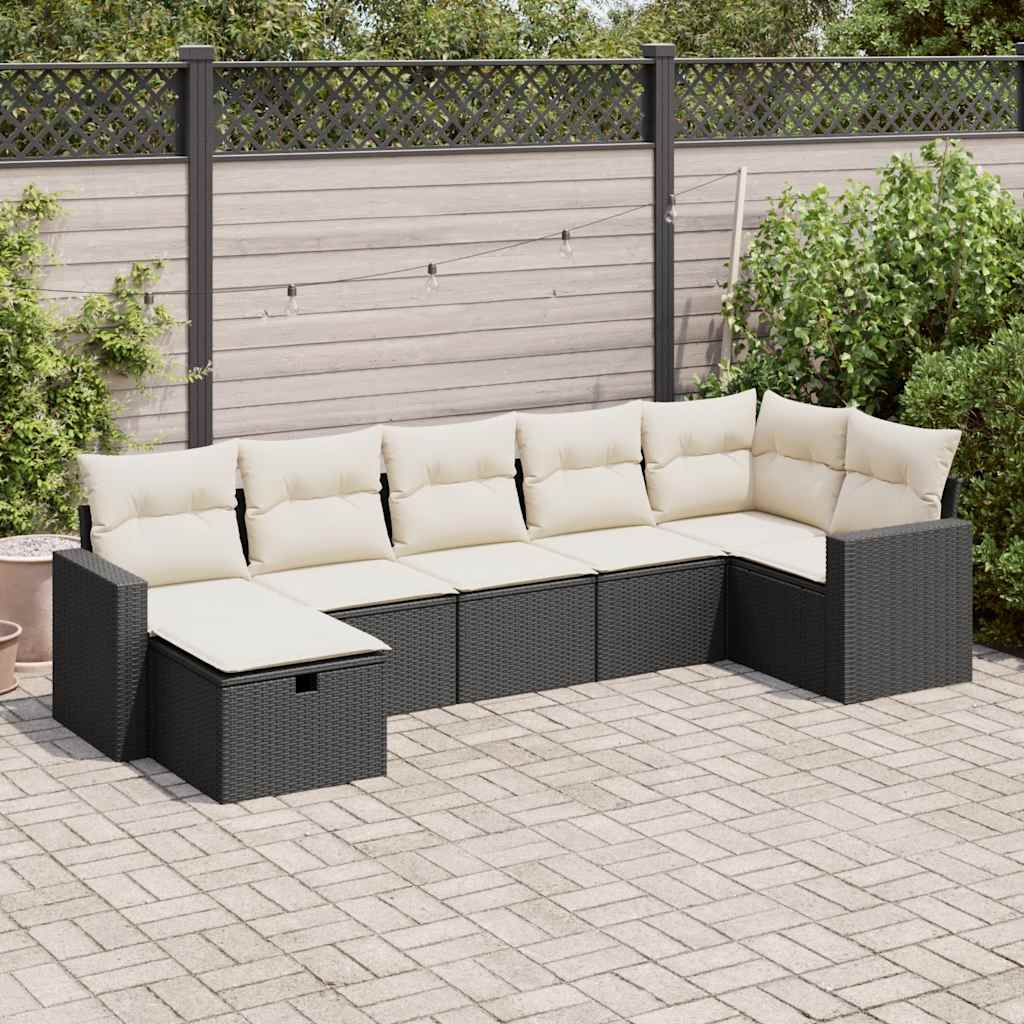 7 Piece Garden Sofa Set with Cushions Black Poly Rattan