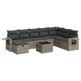 9 Piece Garden Sofa Set with Cushions Grey Poly Rattan - Front View