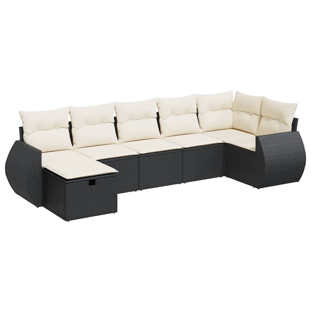 7 Piece Garden Sofa Set with Cushions Black Poly Rattan