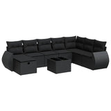 9 Piece Garden Sofa Set with Cushions Black Poly Rattan - Front View