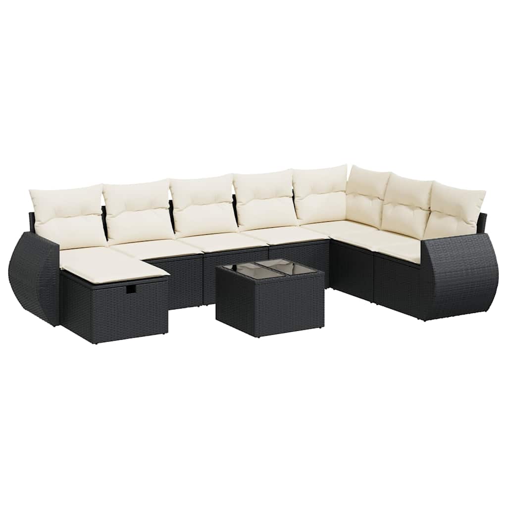 9 Piece Garden Sofa Set with Cushions Black Poly Rattan