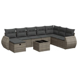 9 Piece Garden Sofa Set with Cushions Grey Poly Rattan - Front View