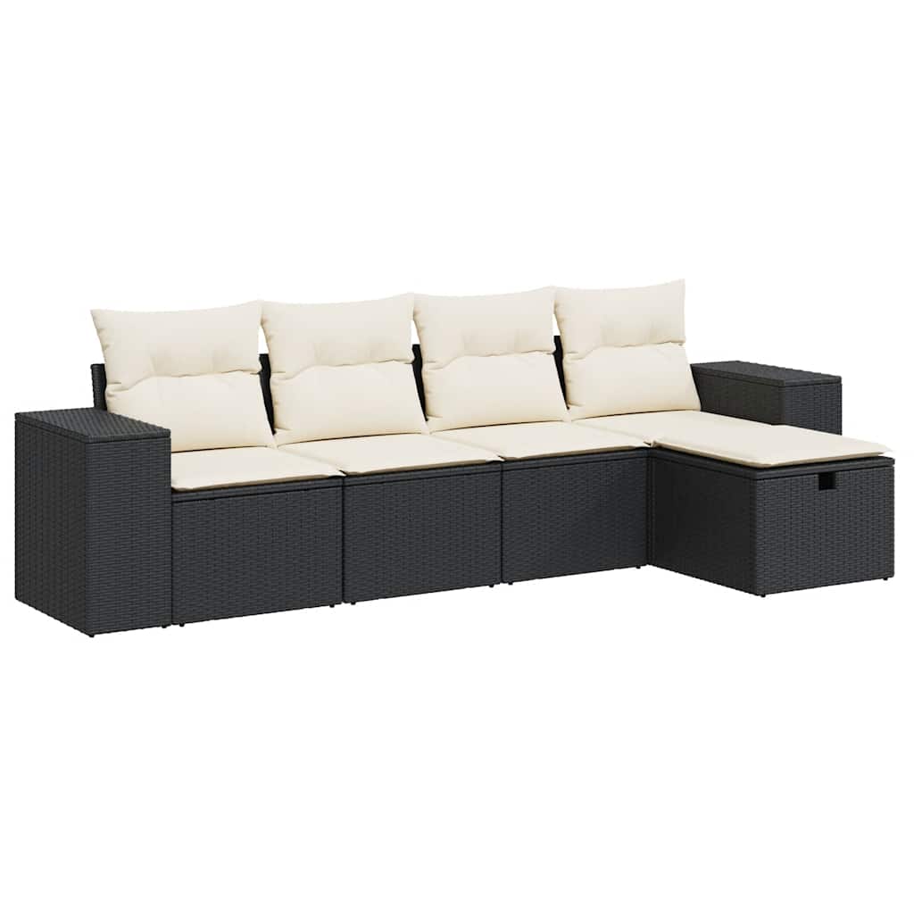 5 Piece Garden Sofa Set with Cushions Black Poly Rattan