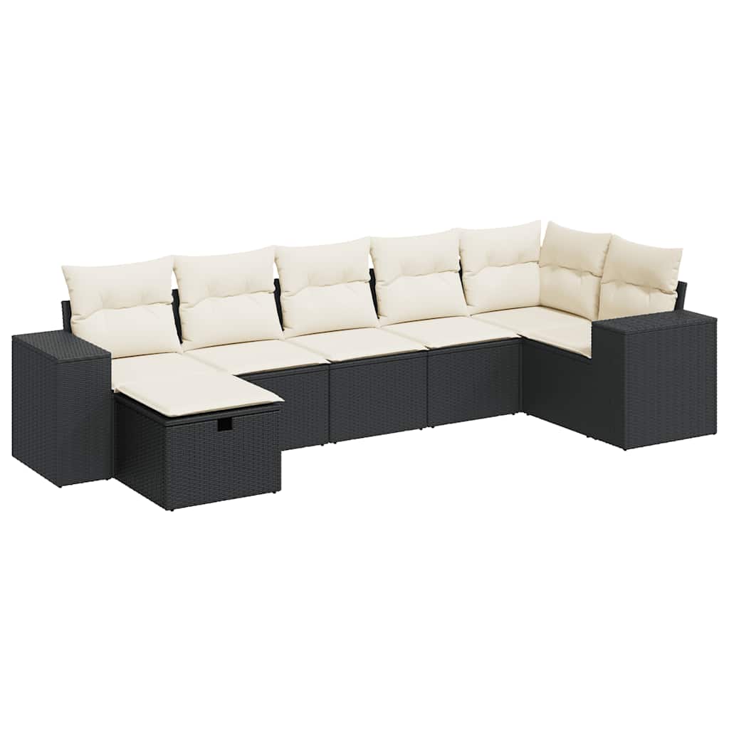 7 Piece Garden Sofa Set with Cushions Black Poly Rattan