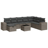 9 Piece Garden Sofa Set with Cushions Grey Poly Rattan - Front View